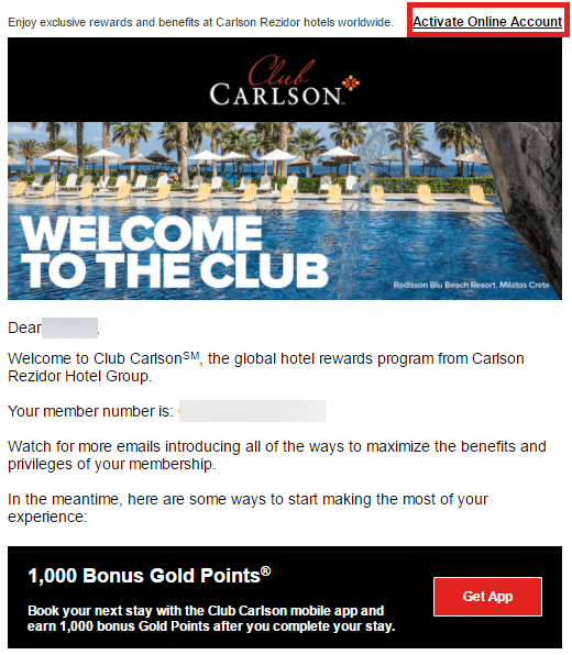 Club Carlson - Activate your online account todayの連絡メール